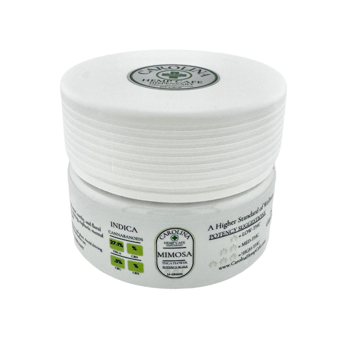 White Jar of Mimosa THCA flower 27% THC by Carolina Hemp Cafe Dispensary