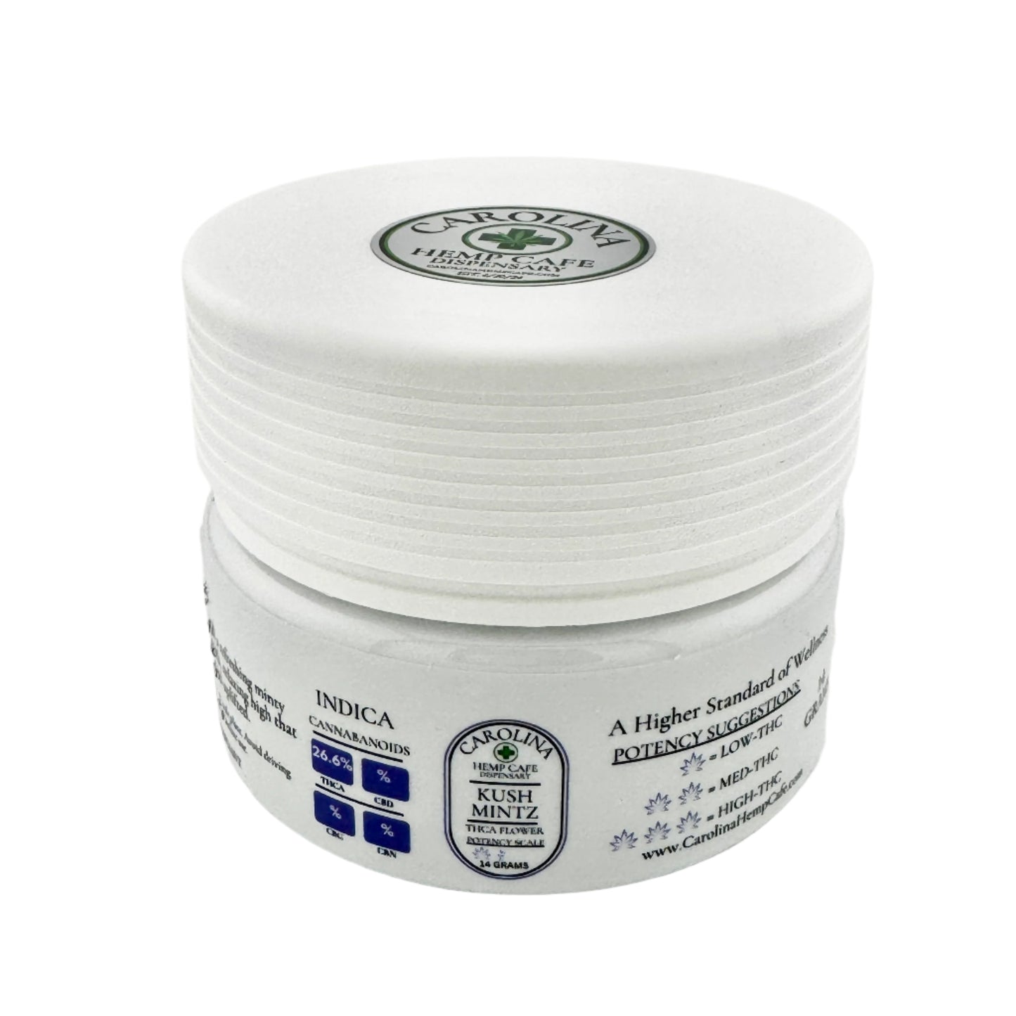 White jar of 14g Kush Mintz THCA flower by Carolina Hemp Cafe Dispensary