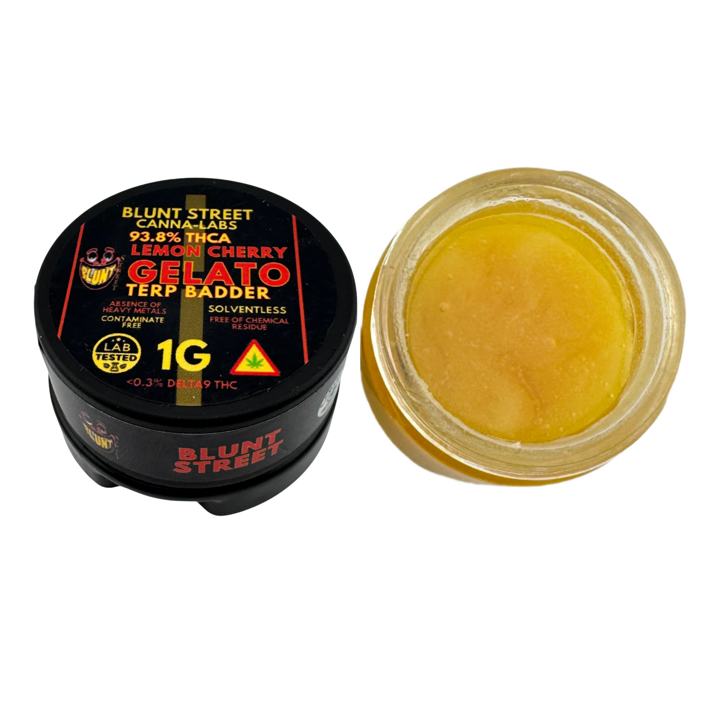 Blunt Street Cannabis Gelato Terp Badger container with yellow substance inside on a white background