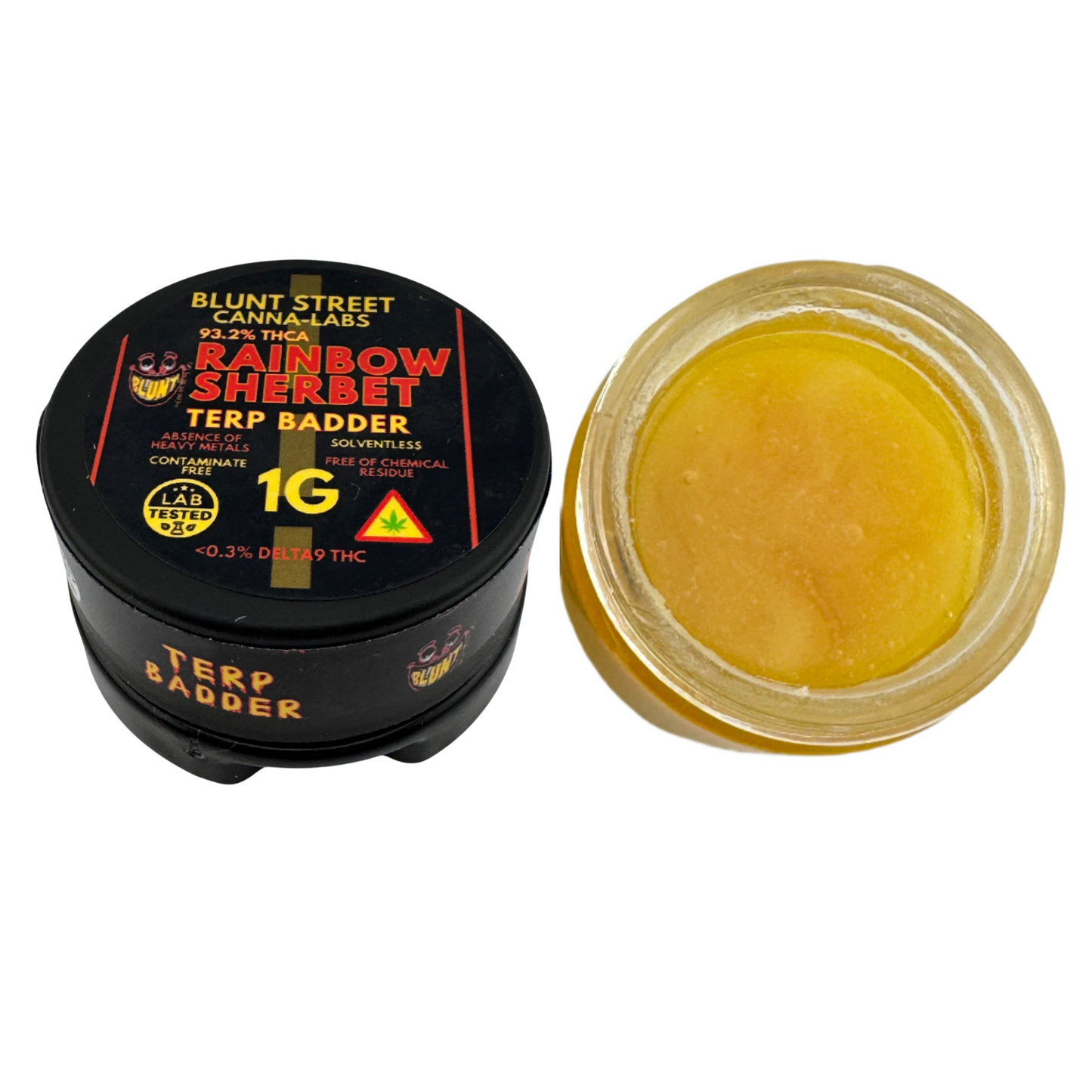 Black container of Blunt Street Cannabis Labs Rainbow Sherbet Terp Badger with yellow substance inside on a white background