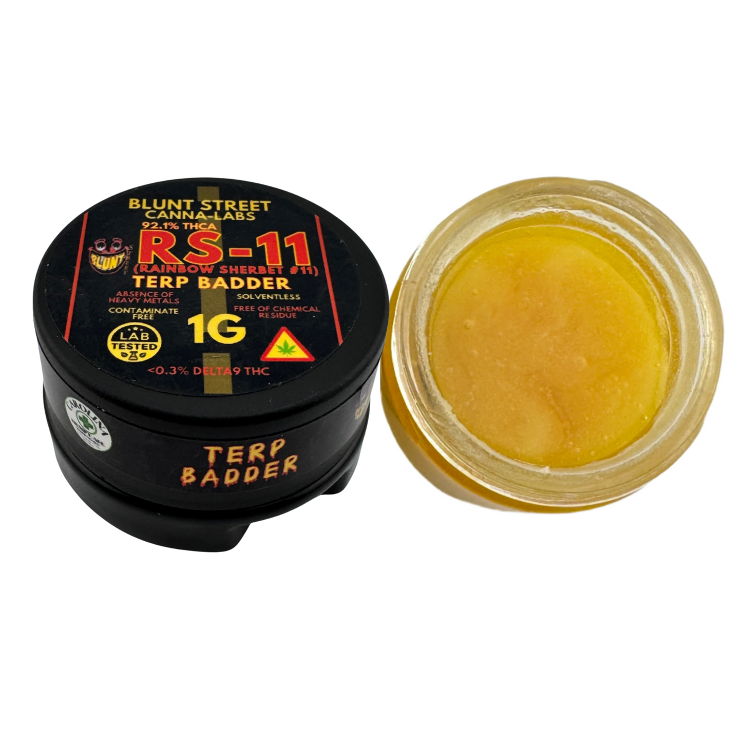 Blunt Street Cannabis Labs RS-11 Terp Badger container with yellow substance inside on a white background