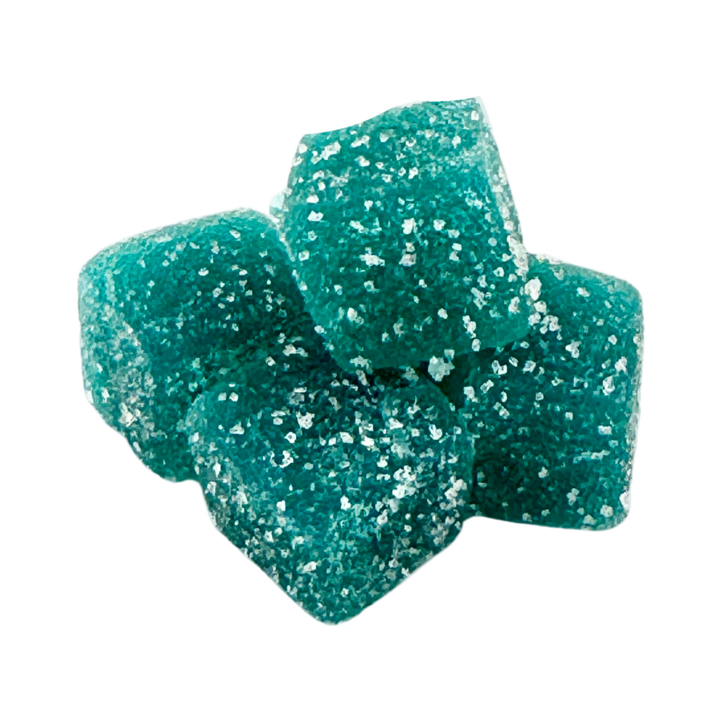 Teal gummy bears with white specks on a white background