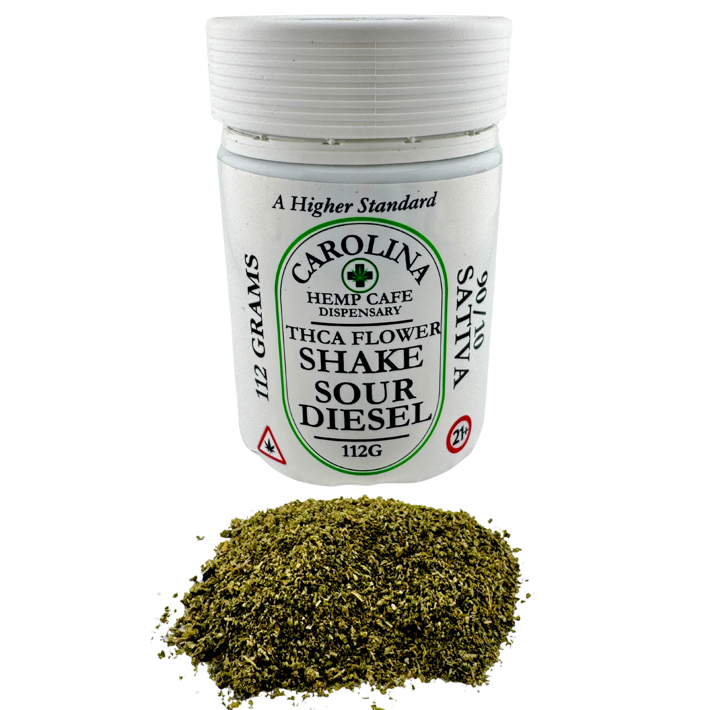 Jar of Carolina Hemp Cafe dispensary thica flower shake sour diesel with green herb on white background
