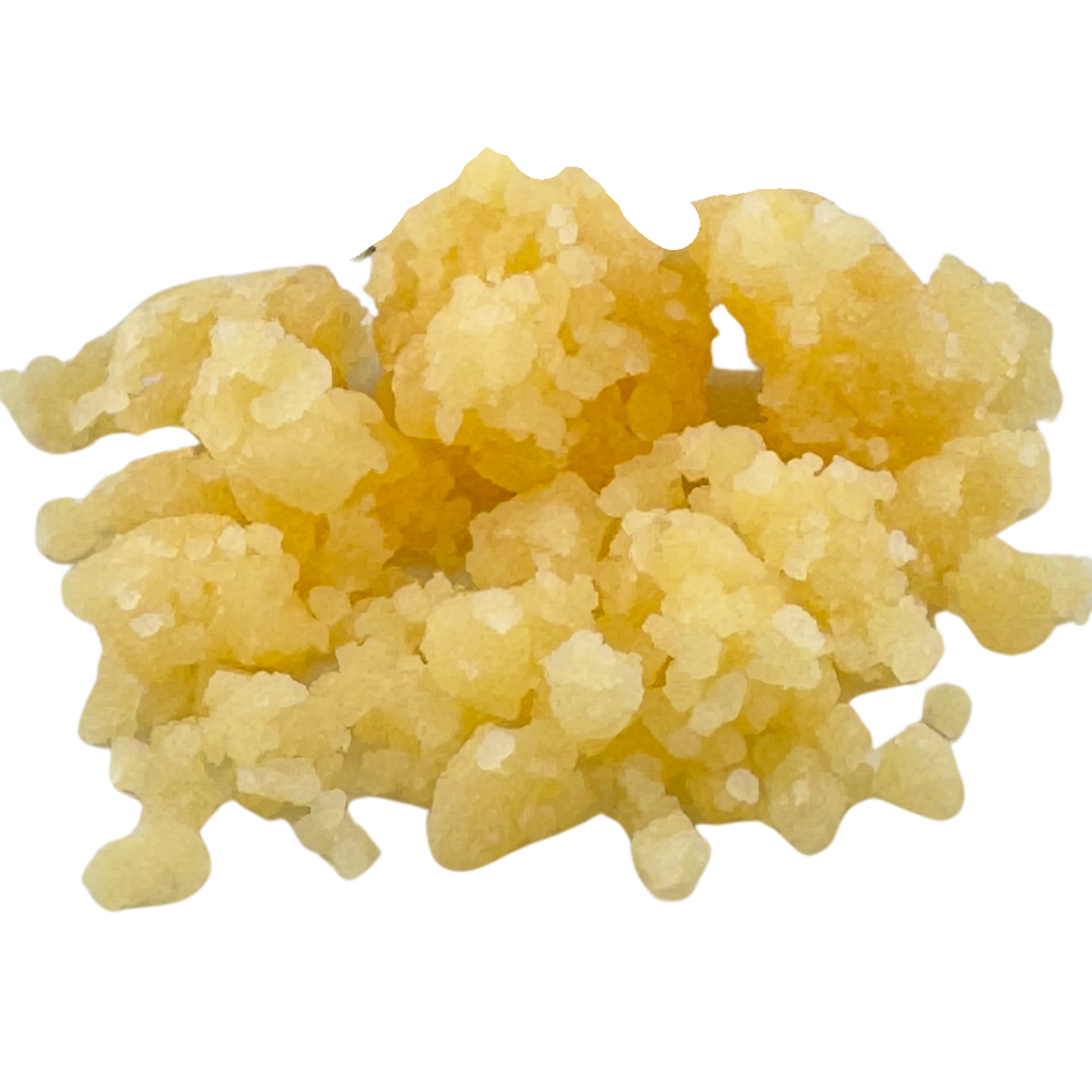 Yellow crumbly substance on a white background