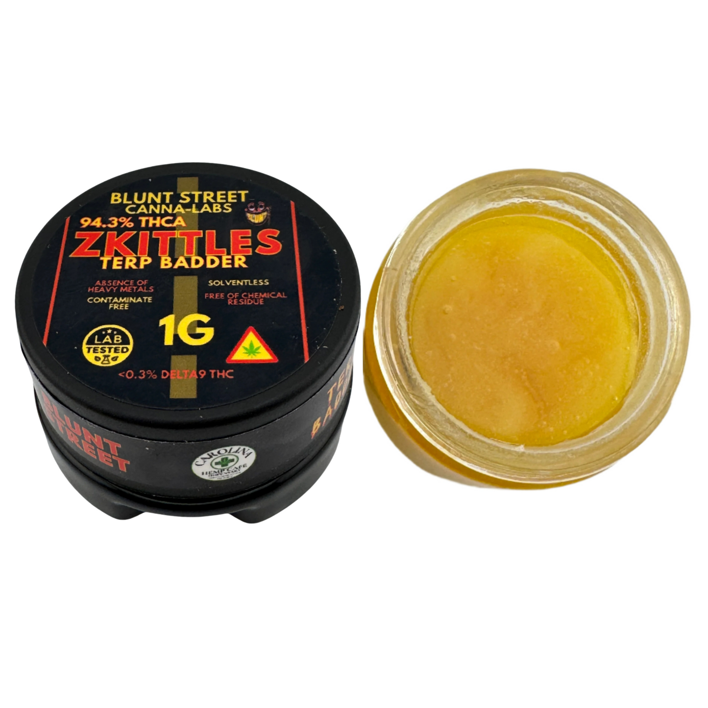 Jar of Blunt Street Canna-Labs ZKittles Terp Badger with black lid and yellowish substance inside.