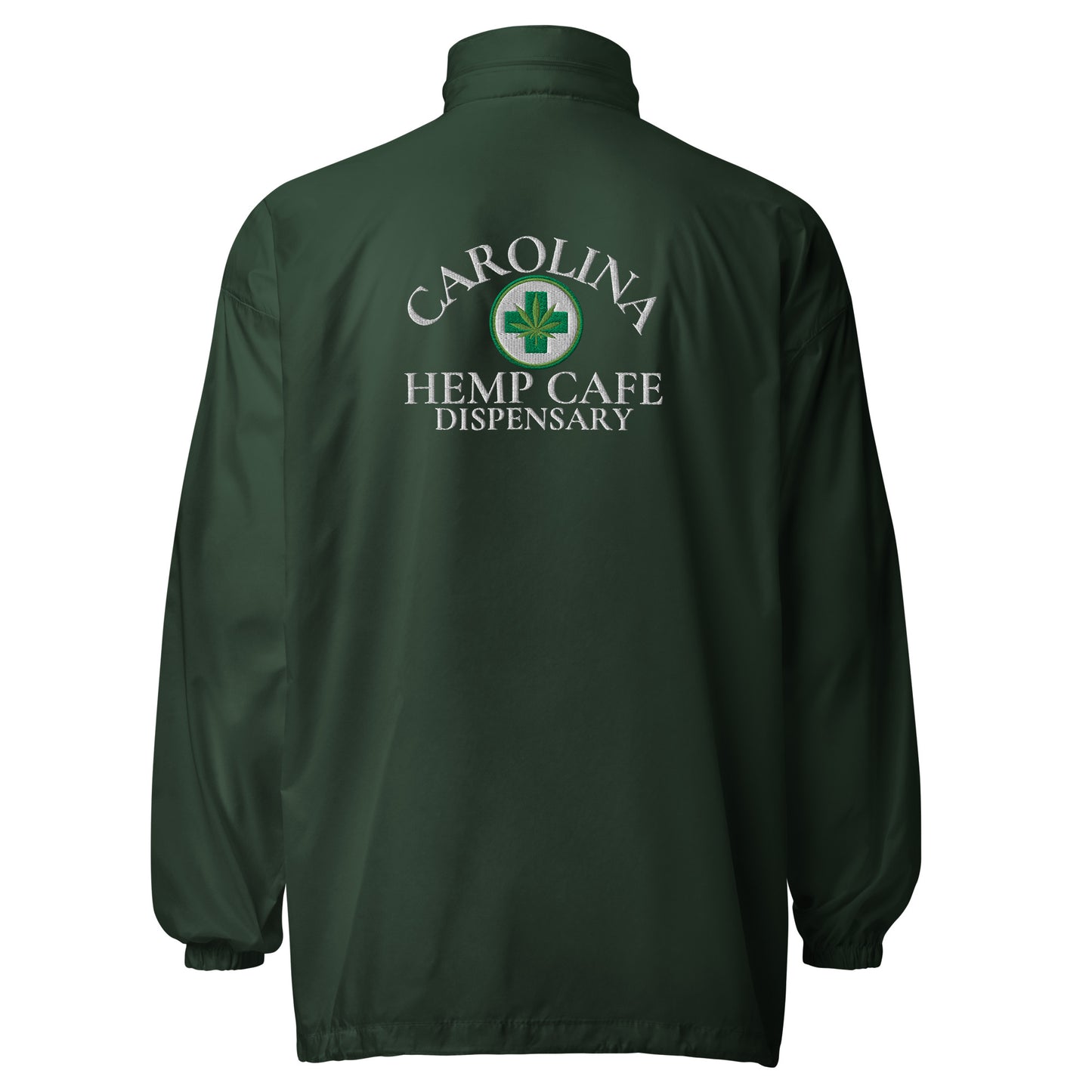 Back side of Forest Green Carolina Hemp Cafe Dispensary Unisex windbreaker jacket