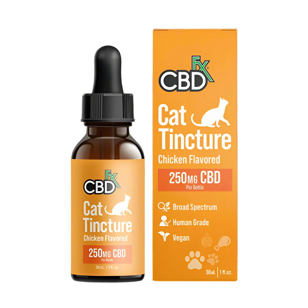 A bottle of CBD Oil for Cats with a dropper, next to its packaging box. The label indicates 250mg CBD, natural chicken flavor, and broad-spectrum.