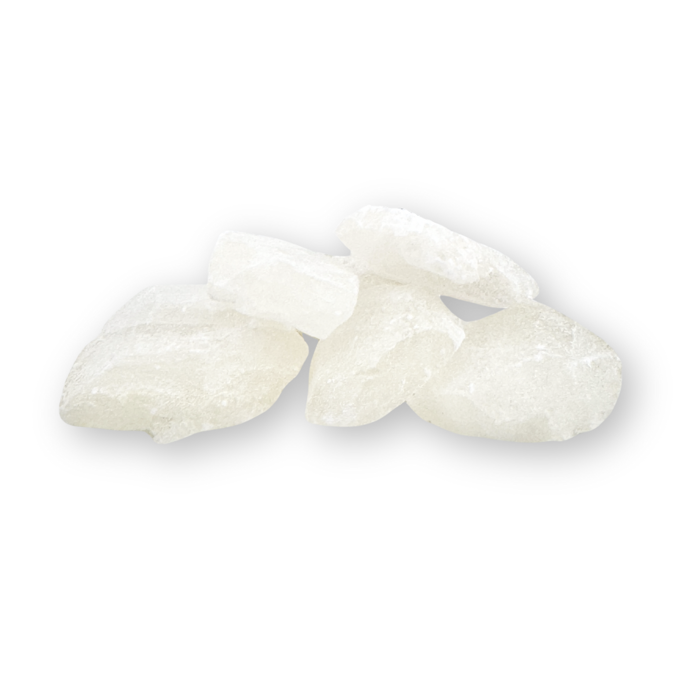 Multiple blue glass jars labeled 'BLUNT STREET BULK' with different sizes containing white crystal-like substances, arranged alongside loose crystals on a white surface.