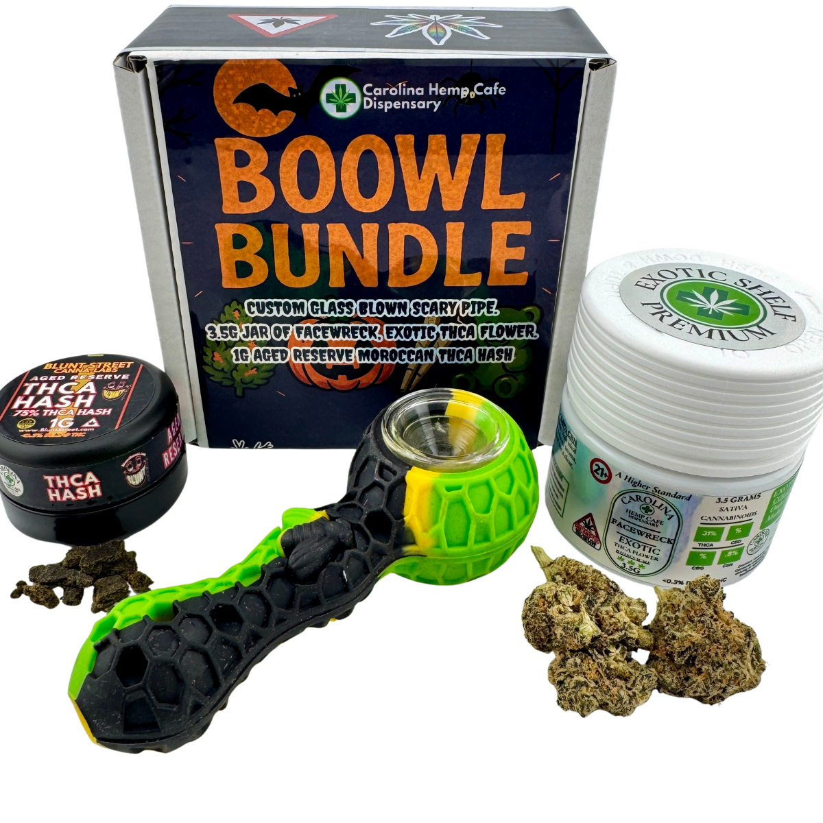 Halloween Sale: BOOWL BUNDLE Smoke & Scream | Facewreck Flower + Aged Hash + Custom Pipe