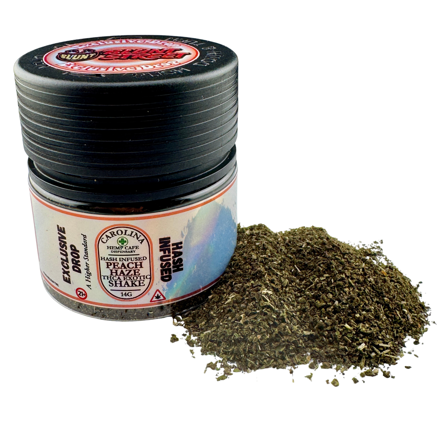 A small clear plastic jar of Holotin Hash Infused Exclusive Drop with a black lid, shown next to a pile of dark green-brown loose hash on a white background.