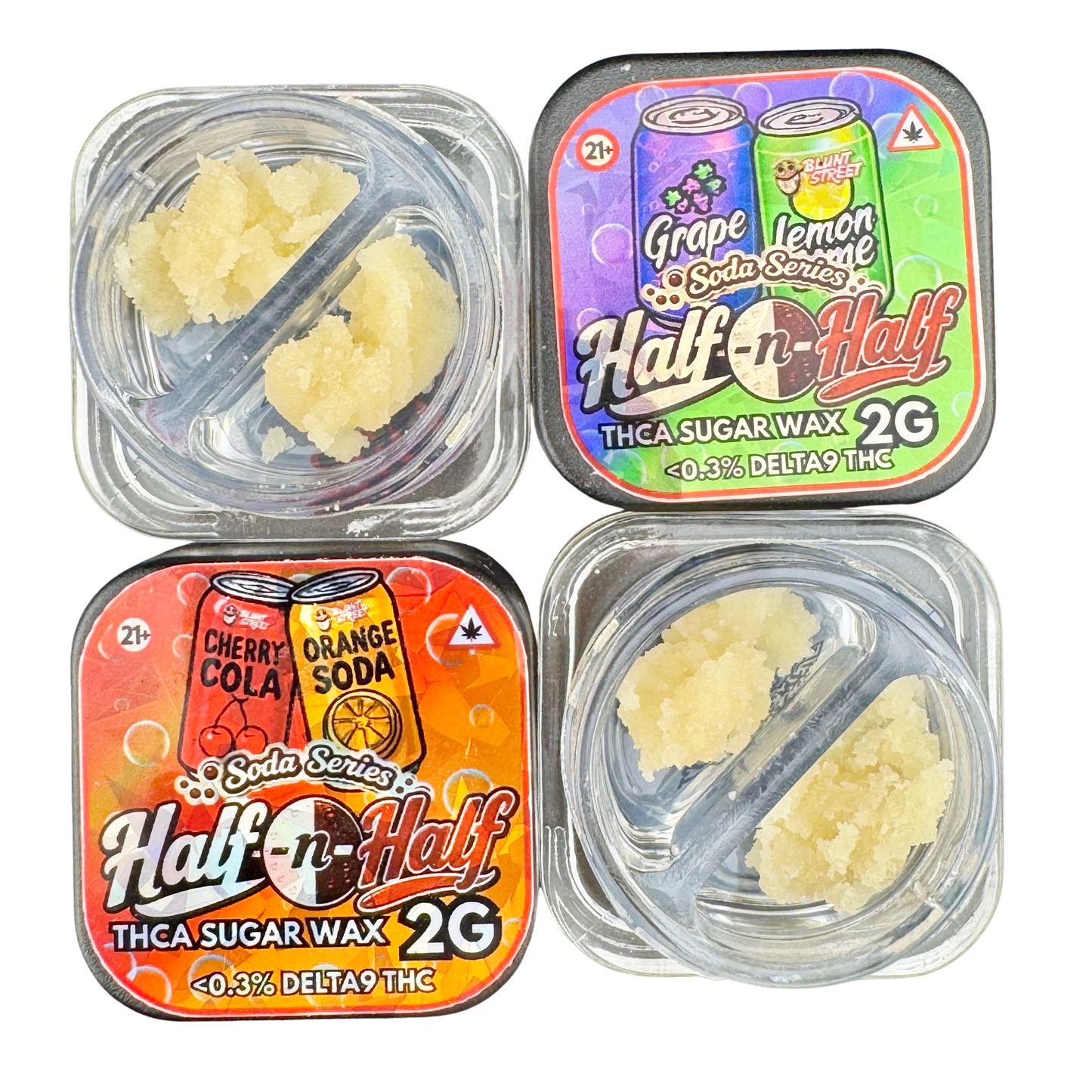 Four square plastic containers of Half-n-Half brand THCA sugar wax in different soda flavors, arranged in a 2x2 grid on a white background. The top-left container is Cherry Cola, the top-right is Grape and Lemon, the bottom-left is Cherry Cola, and the bottom-right is Orange.