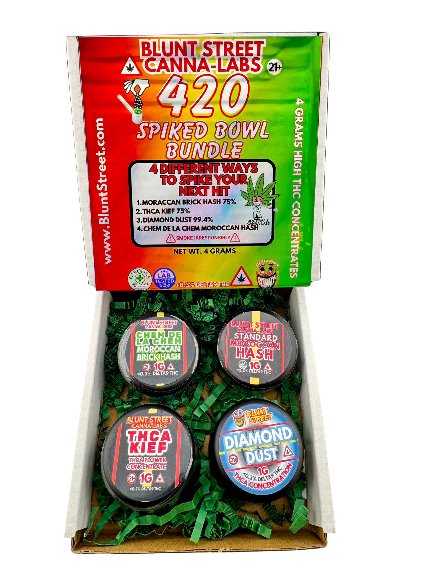 Blunt Street Canna-Labs 420 Spiked Bowl Bundle packaging with product labels.