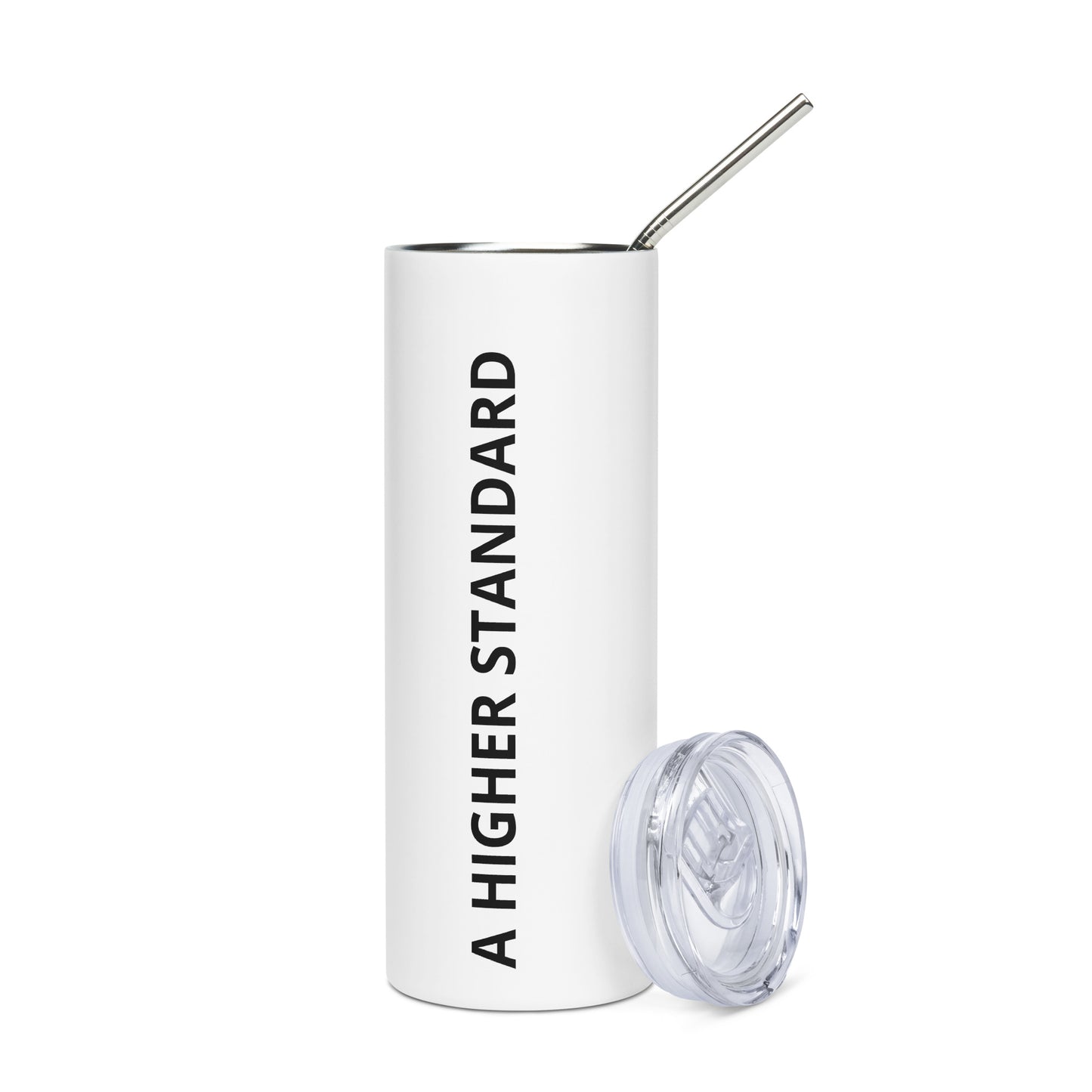 A Higher Standard written on side of Stainless Steel Carolina Hemp Cafe Dispensary Tumbler with Metal Straw
