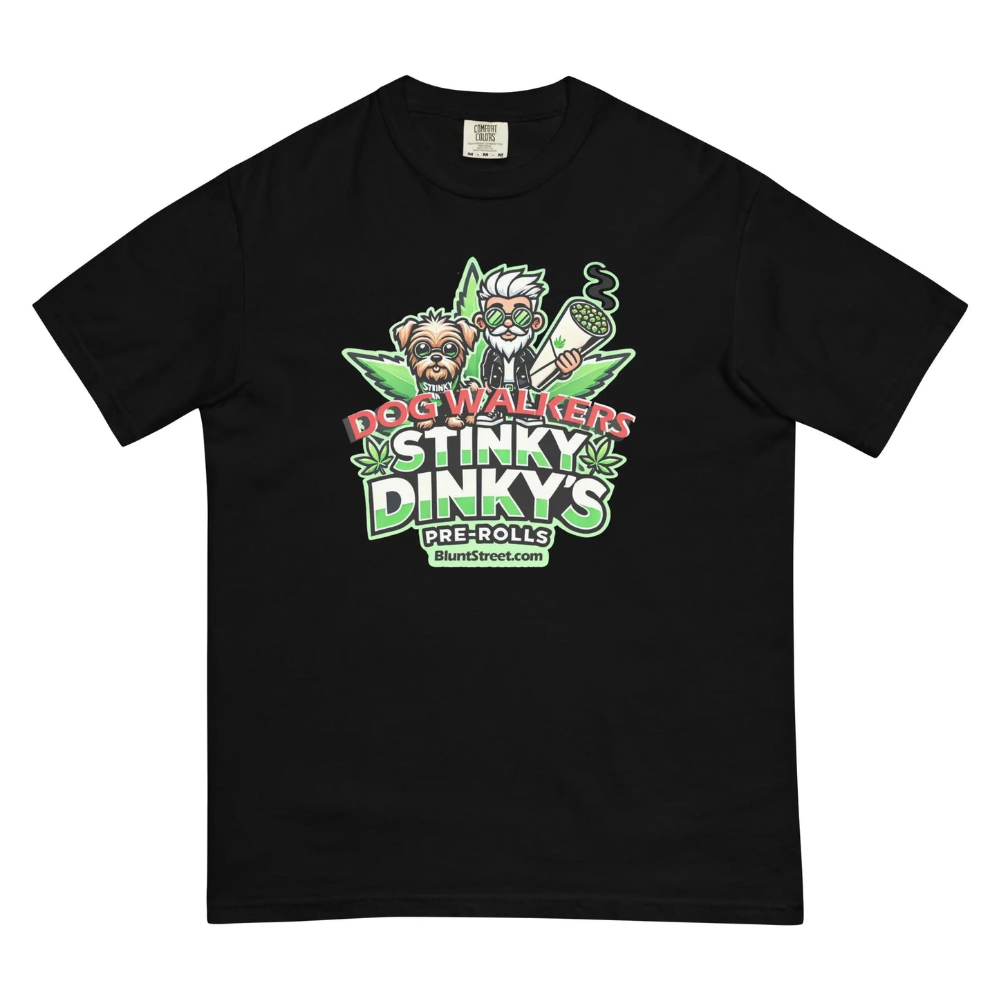 Product mockup Black T shirt with Stinky Dinky Dogwalker Logo with man with sunglasses and pre-roll and dog companion in front of large hemp leaf