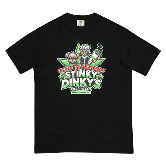Product mockup Black T shirt with Stinky Dinky Dogwalker Logo with man with sunglasses and pre-roll and dog companion in front of large hemp leaf