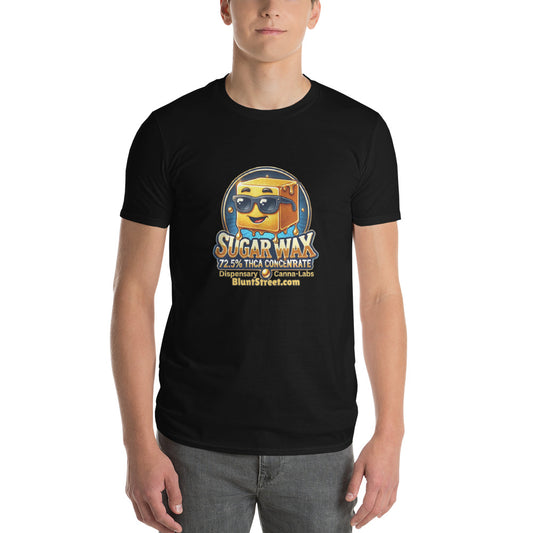 A person wearing a black short-sleeve t-shirt with a Sugar Wax cartoon face graphic design in the center.