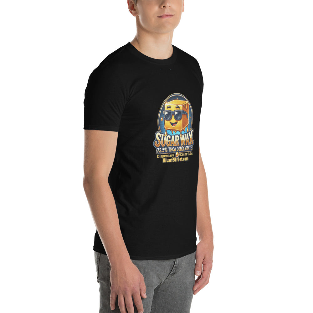 Person wearing a black T-shirt from side angle with Sugar Wax THCA Concentrate cartoon character with yellow square body and black sunglasses