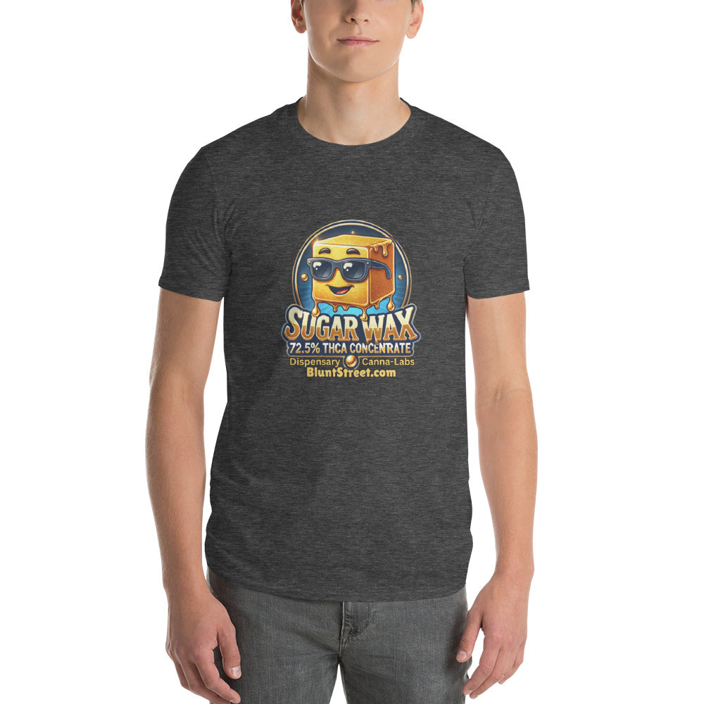 Person wearing a grey T-shirt with Sugar Wax THCA Concentrate cartoon character with yellow square body and black sunglasses