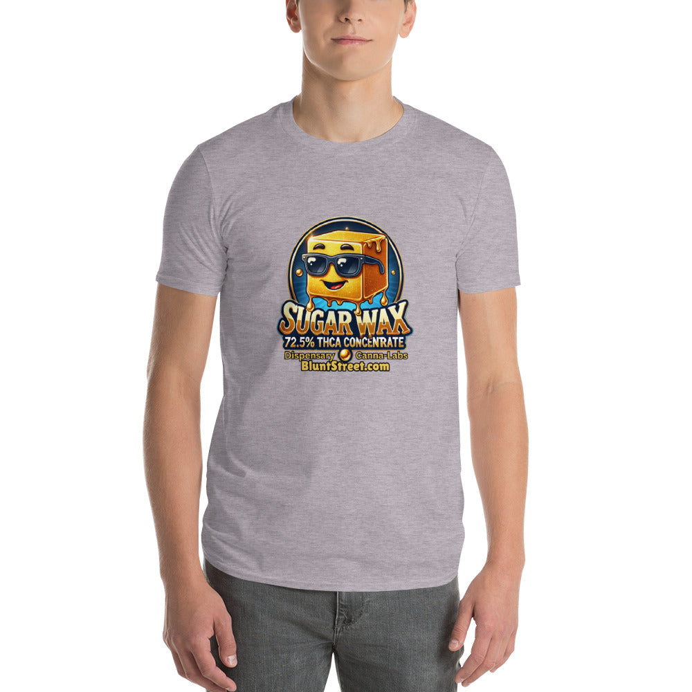 Person wearing a grey T-shirt with Sugar Wax THCA Concentrate cartoon character with yellow square body and black sunglasses