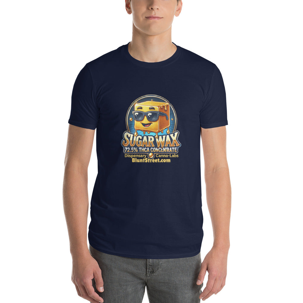 Person wearing a navy blue T-shirt with Sugar Wax THCA Concentrate cartoon character with yellow square body and black sunglasses