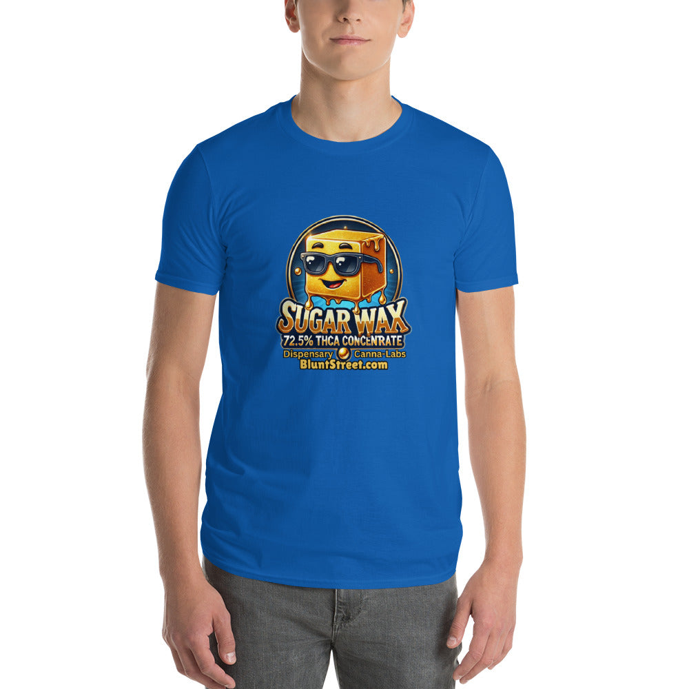 Person wearing a bright blue T-shirt with Sugar Wax THCA Concentrate cartoon character with yellow square body and black sunglasses