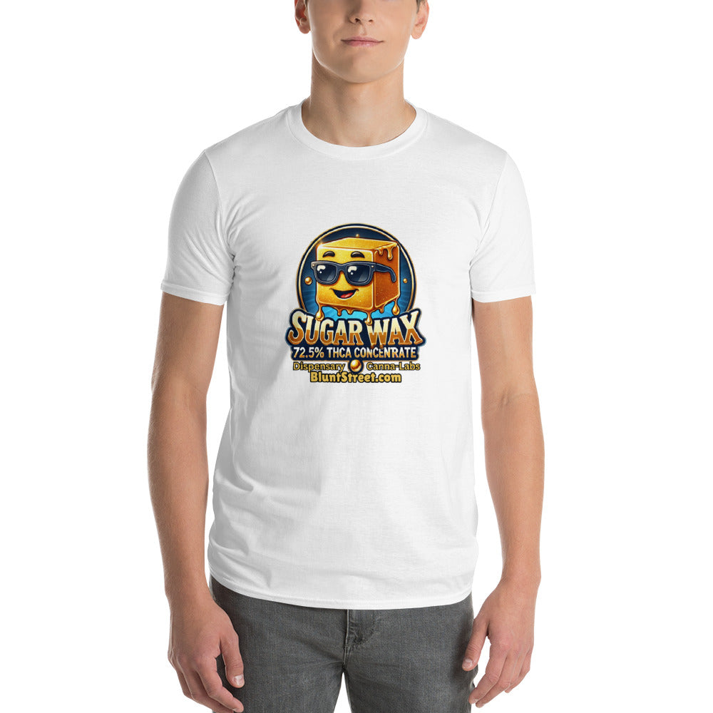 Person wearing a white T-shirtwith Sugar Wax THCA Concentrate cartoon character with yellow square body and black sunglasses