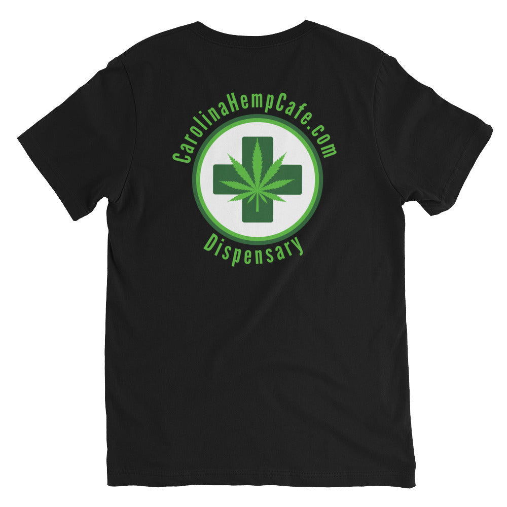 Black T-shirt with large Carolina Hemp Cafe Dispensary Logo in the top center