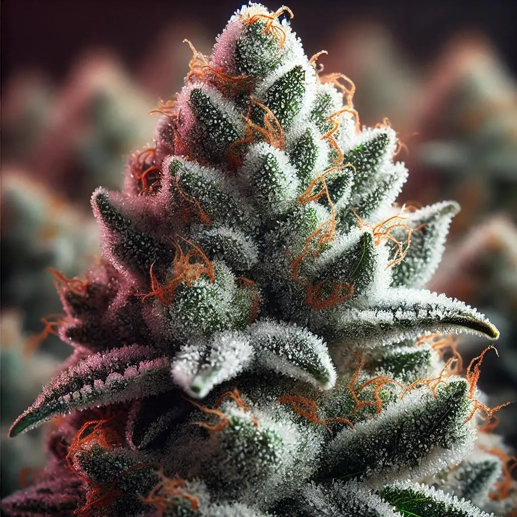 Close-up of the London Pound Cake cannabis strain with frosty, trichome-covered buds