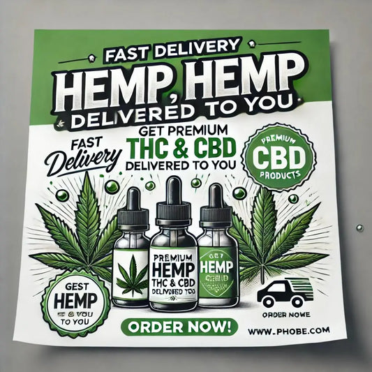 Hemp CBD THC Delivery Advertisement with 3 large green hemp leaves