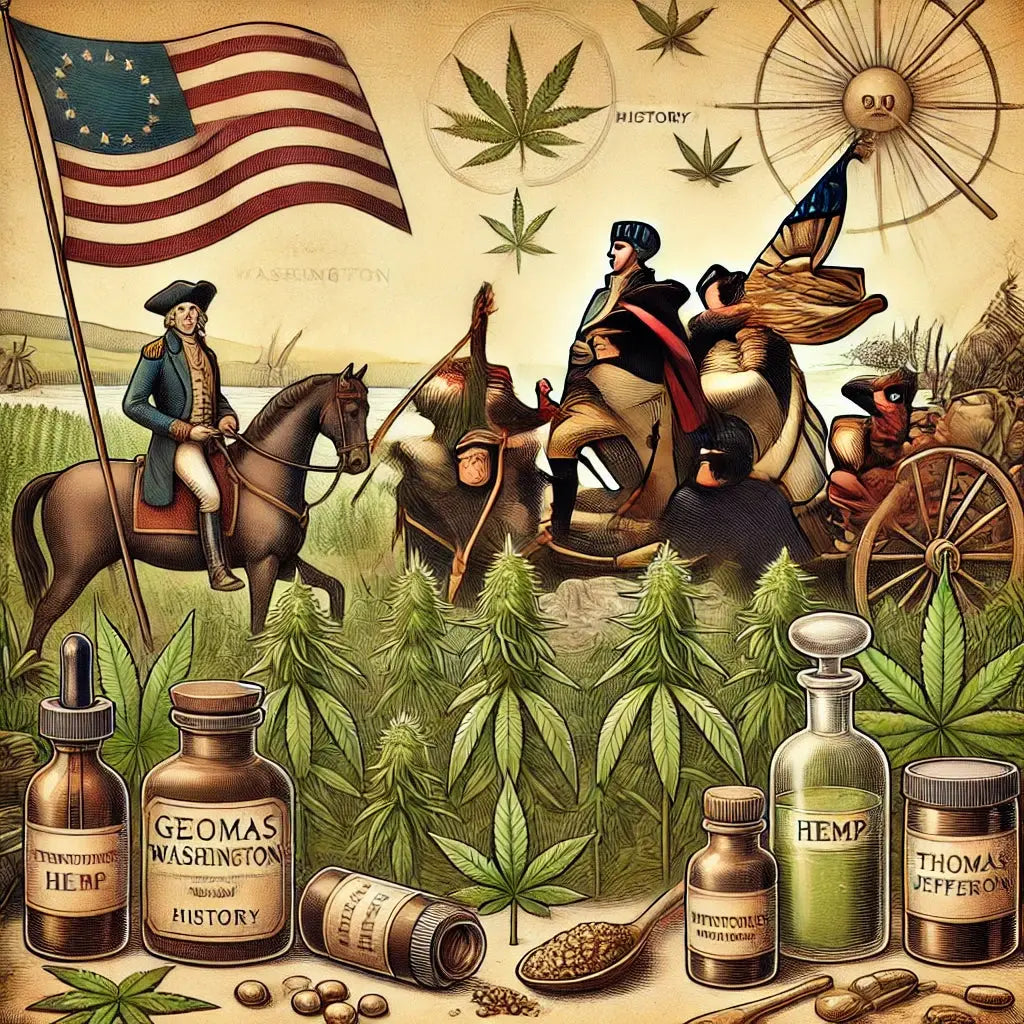 Hemp plants, the presidents of early america and the old US flag with circle of stars