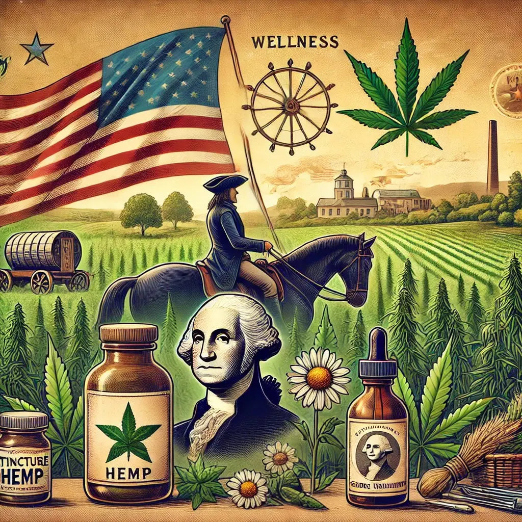 Founding Fathers on horse back, American flag and hemp plants and tinctures