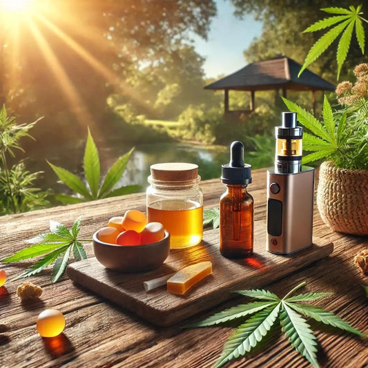 Display of hemp products and leaves on sunny day at sunrise