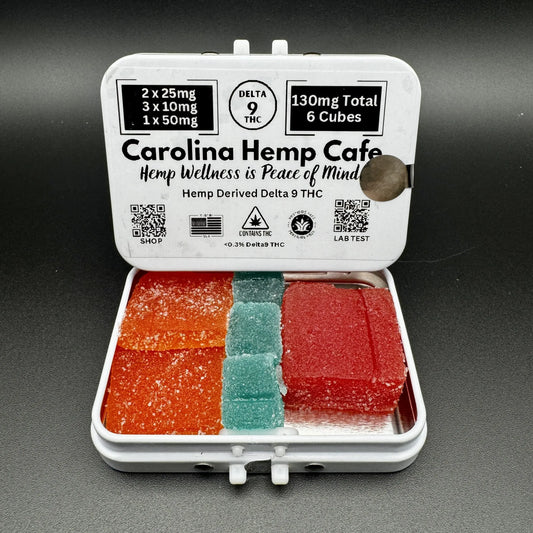 "To Go" Mix Pack Gummies, 130mg Total: 2 - 25mg, 3 - 10mg and 1 - 50mg Delta 9 Hemp Derived THC Gummy Cubes Totaling: 130mg Edibles Carolina Hemp Cafe