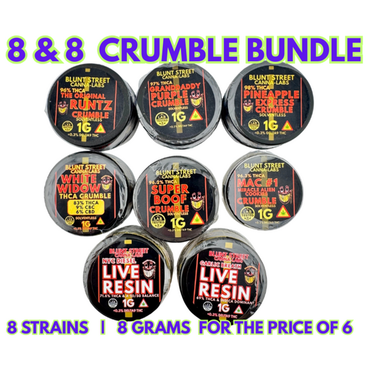 Collection of Blunt Street Cannabis products with various strains on a white background