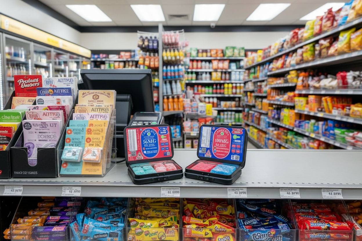 Two open containers of gummy bears with colorful packaging on a counter in a convenience store
