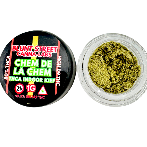 Open container of green cannabis kief with Blunt Street Canna Labs packaging.