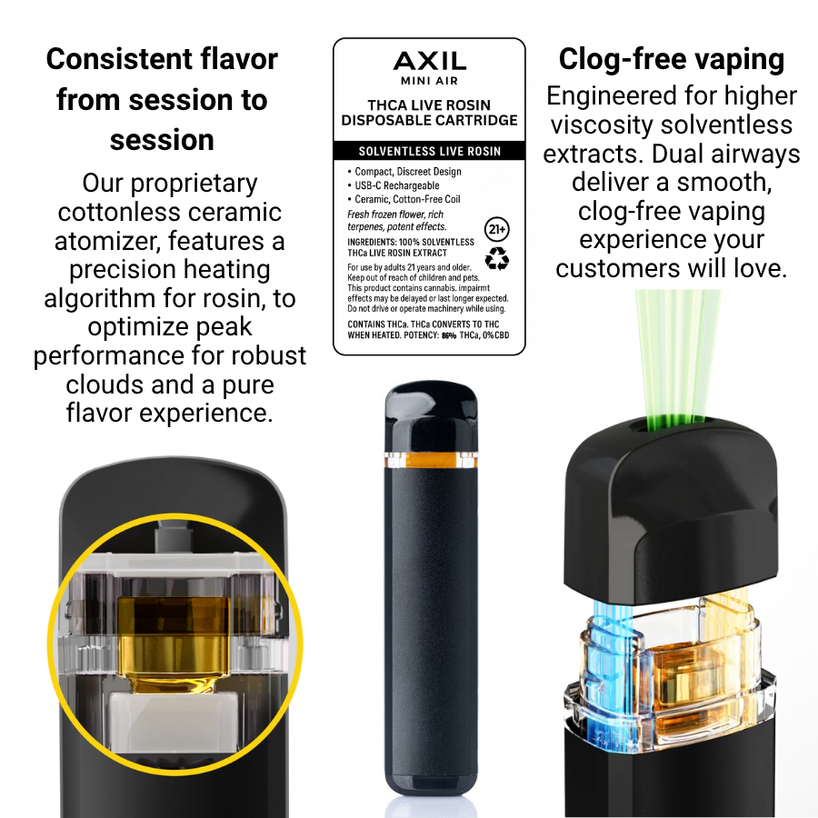 Vaping device with text highlighting features like consistent flavor, clog-free vaping, and cottonless ceramic atomizer.