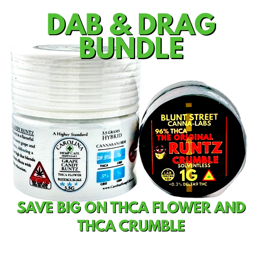 Dab & Drag Bundle withTHCA flower and crumble packaging on a white background