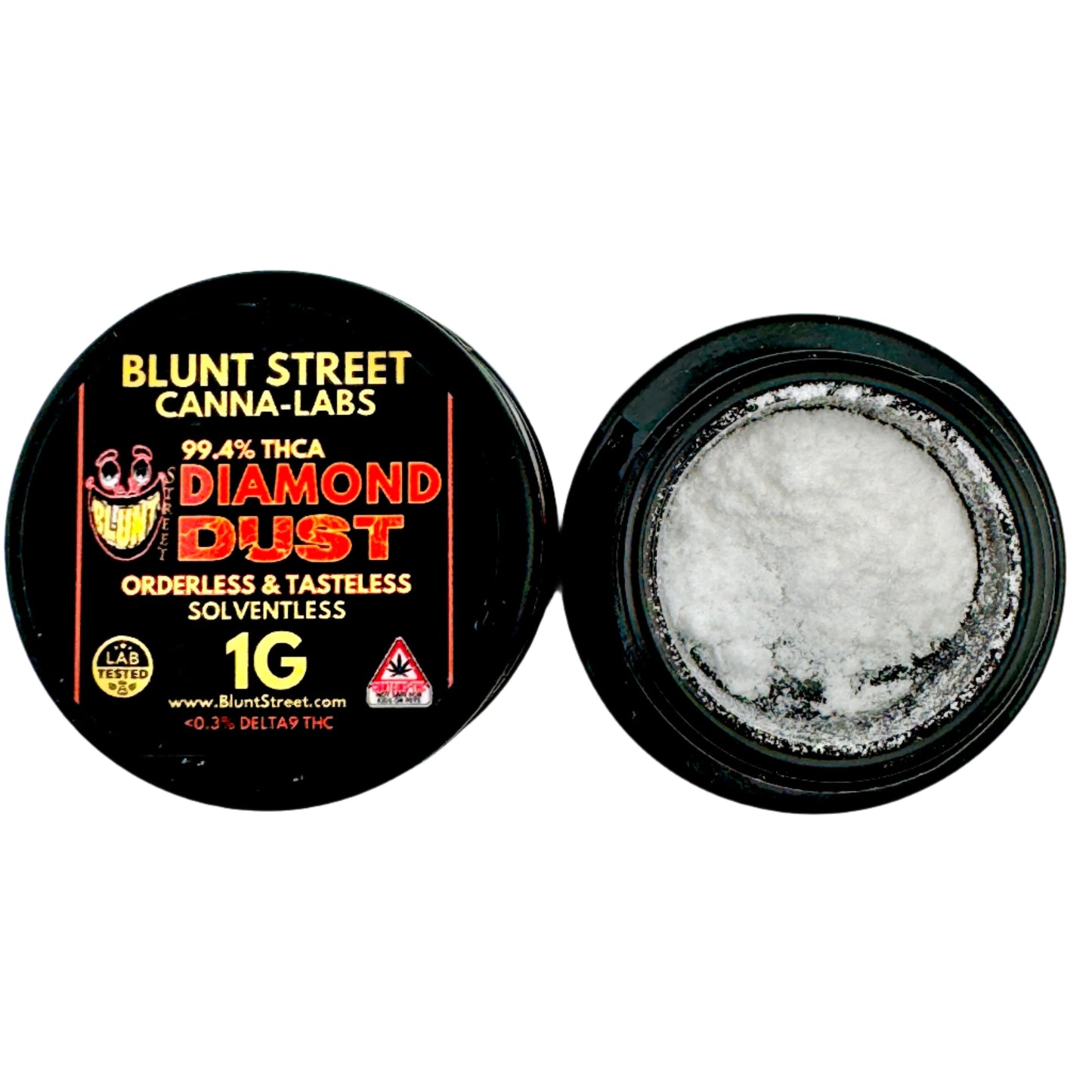 Open container of Blunt Street Canna-Labs Diamond Dust with visible white powder inside.