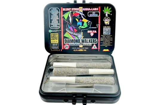 Open container of diamond walkers with colorful branding on a white background