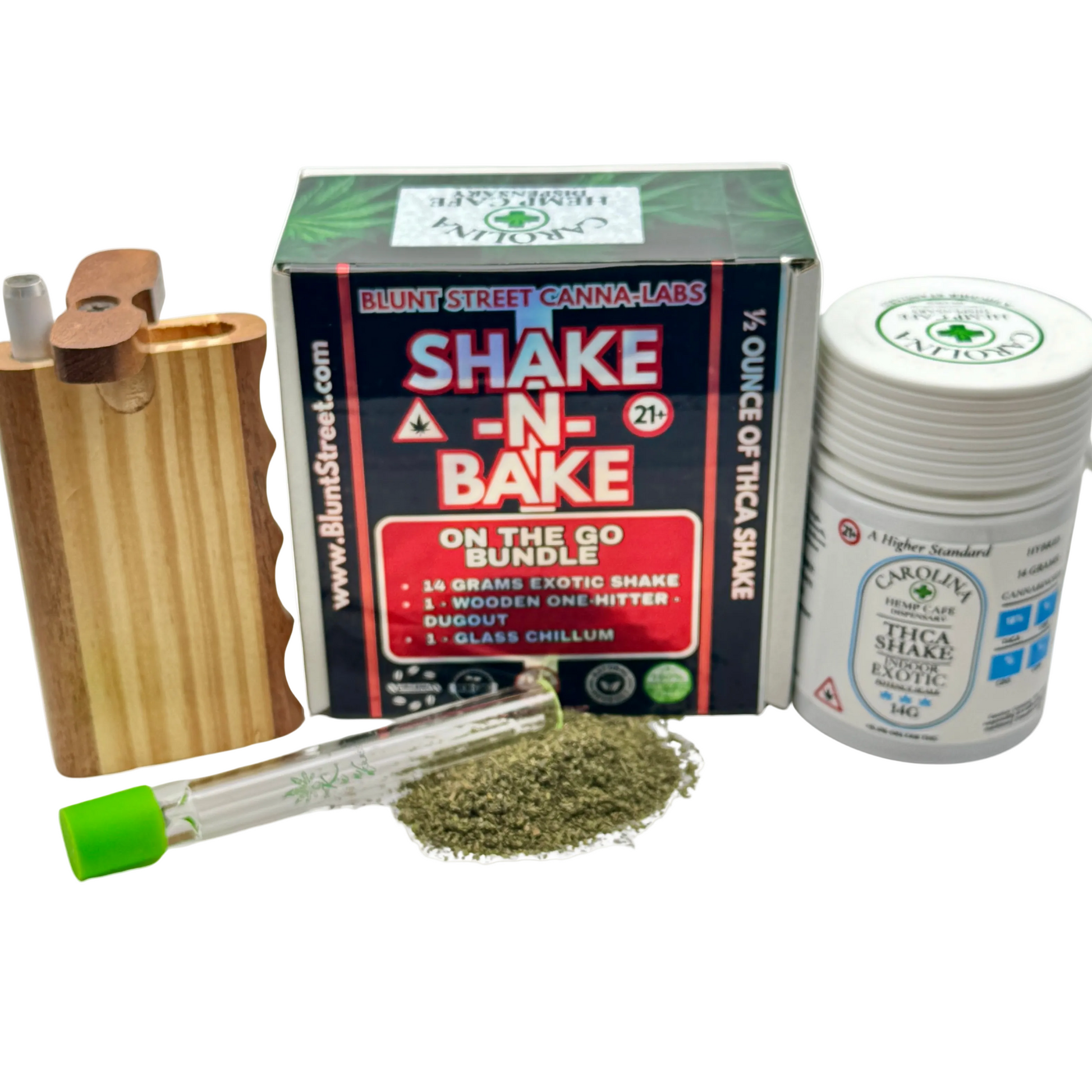 Blunt Street Canna Labs Shake N Bake product with packaging and accessories on a white background