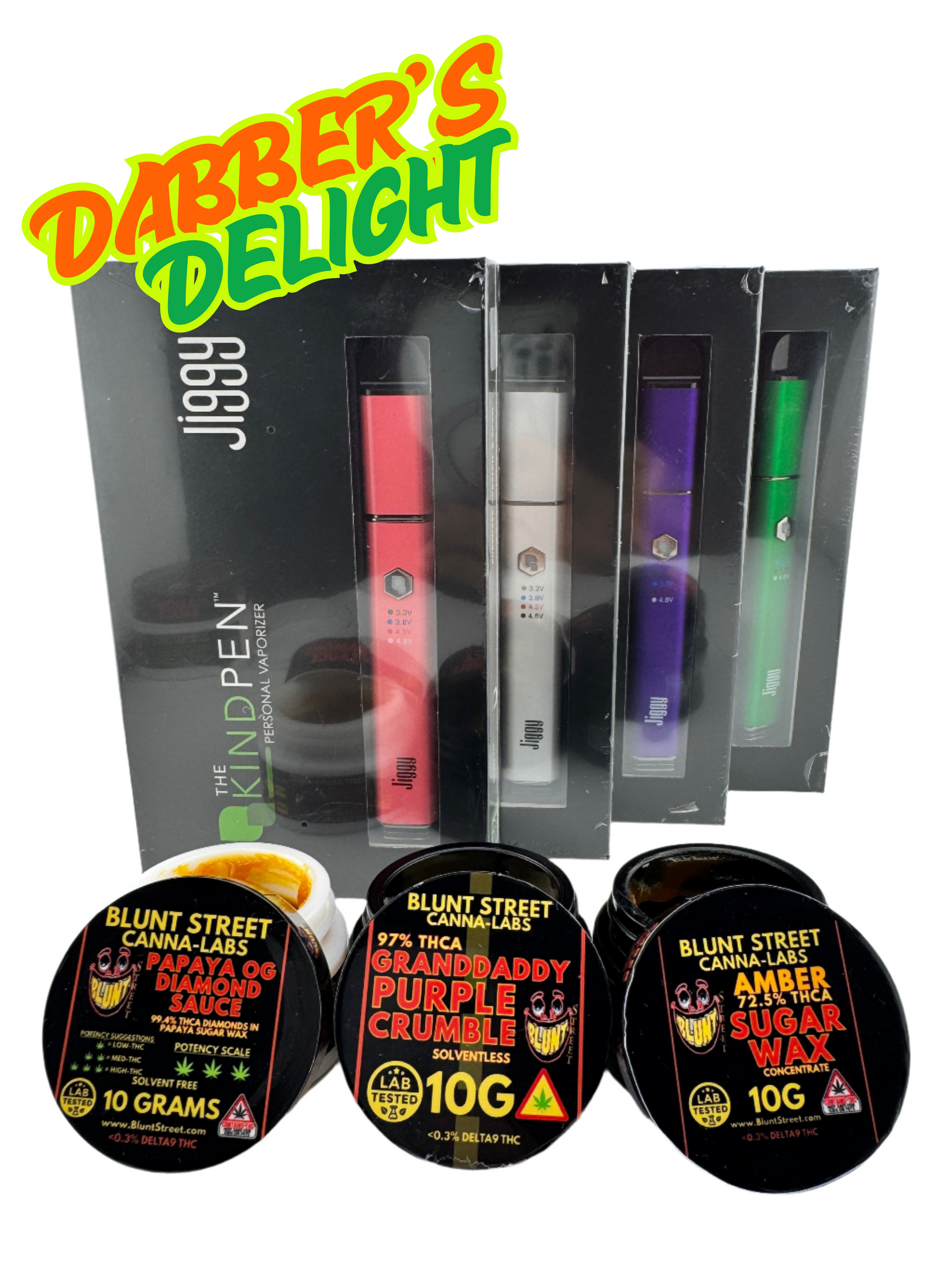 Packaging of 'Dabber's Delight' with Kind Pen and Blunt Street products on a white background.