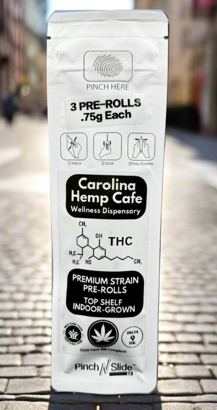 Pre-Rolls .75 Grams, Top Shelf THCA Pre-Rolls, 3 Pre-Rolls Pack, Indoor-Grown Cannabis THCA Hemp Flower by Carolina Hemp Cafe