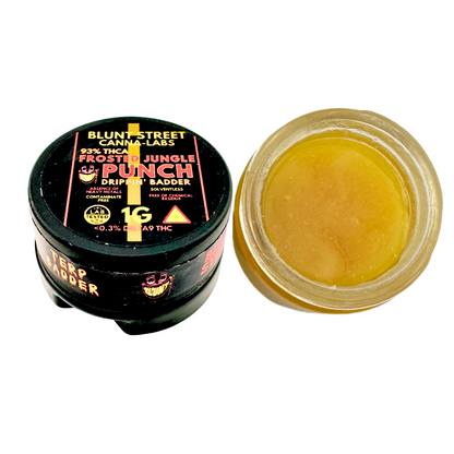 Jar of Blunt Street Labs Froster Jungle Punch with visible THC content on a white background