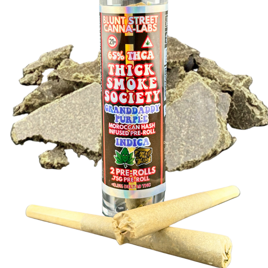 Blunt Street Canna-Labs product with pre-rolls and hash on a white background