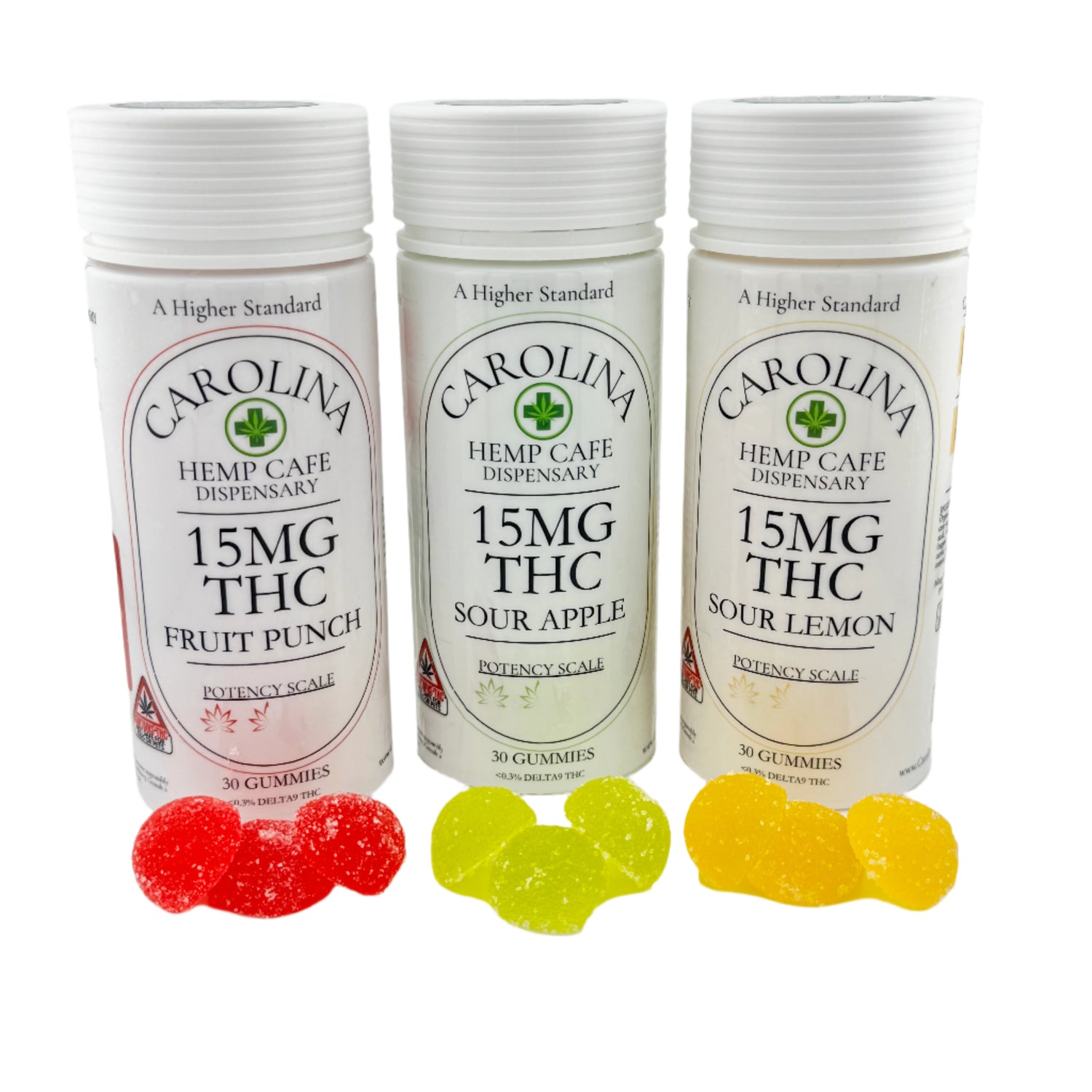 15mg THC gummy candies in 3 white cylinder bottles. Flavors are Fruit Punch, Sour Apple and Sour Lemon.  3 of each flavored candy in front of each bottle