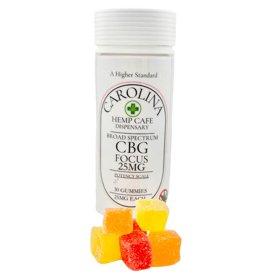 Bottle of CBG gummies with colorful gummies in front on a light background