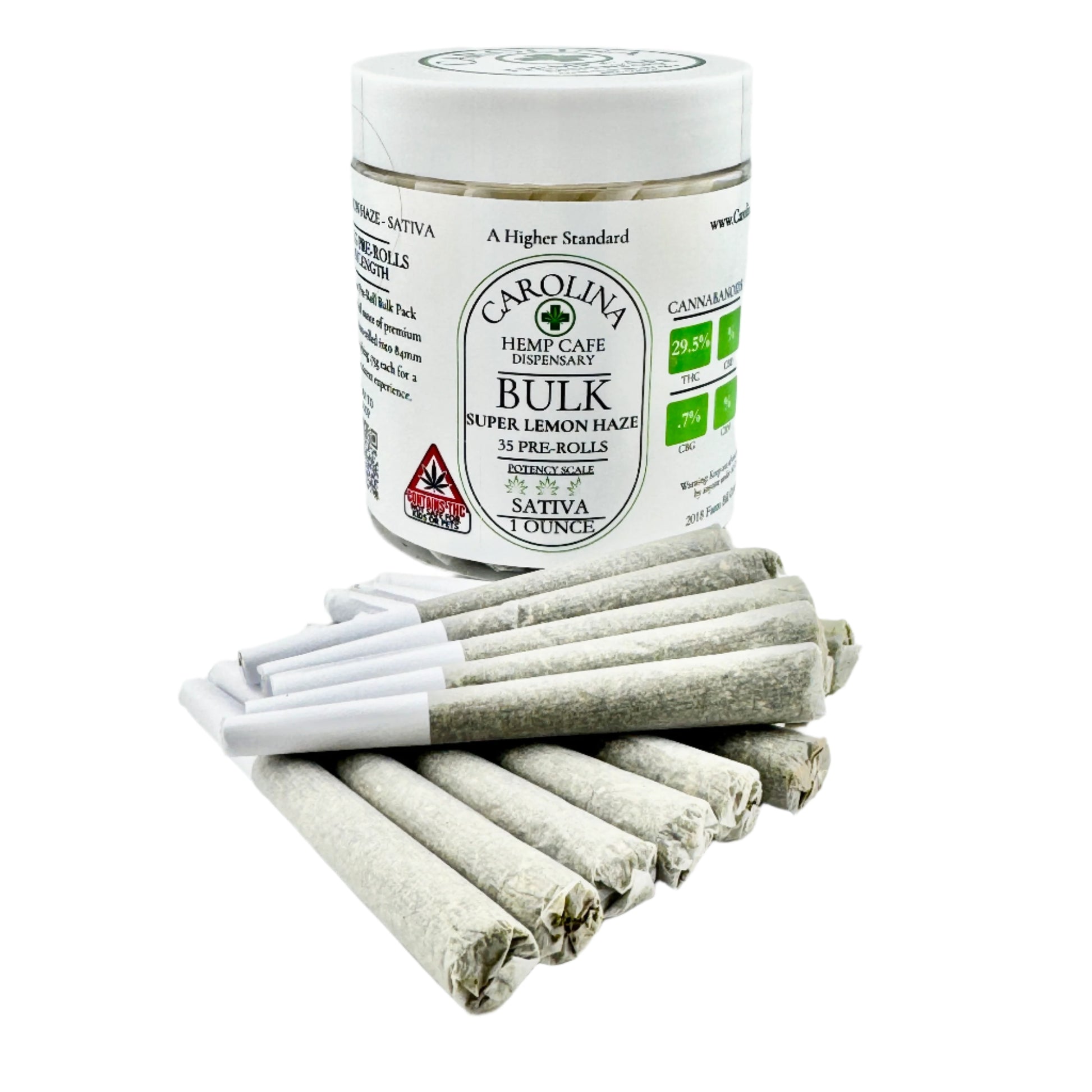 Jar of pre-rolled joints with individual joints on a white background