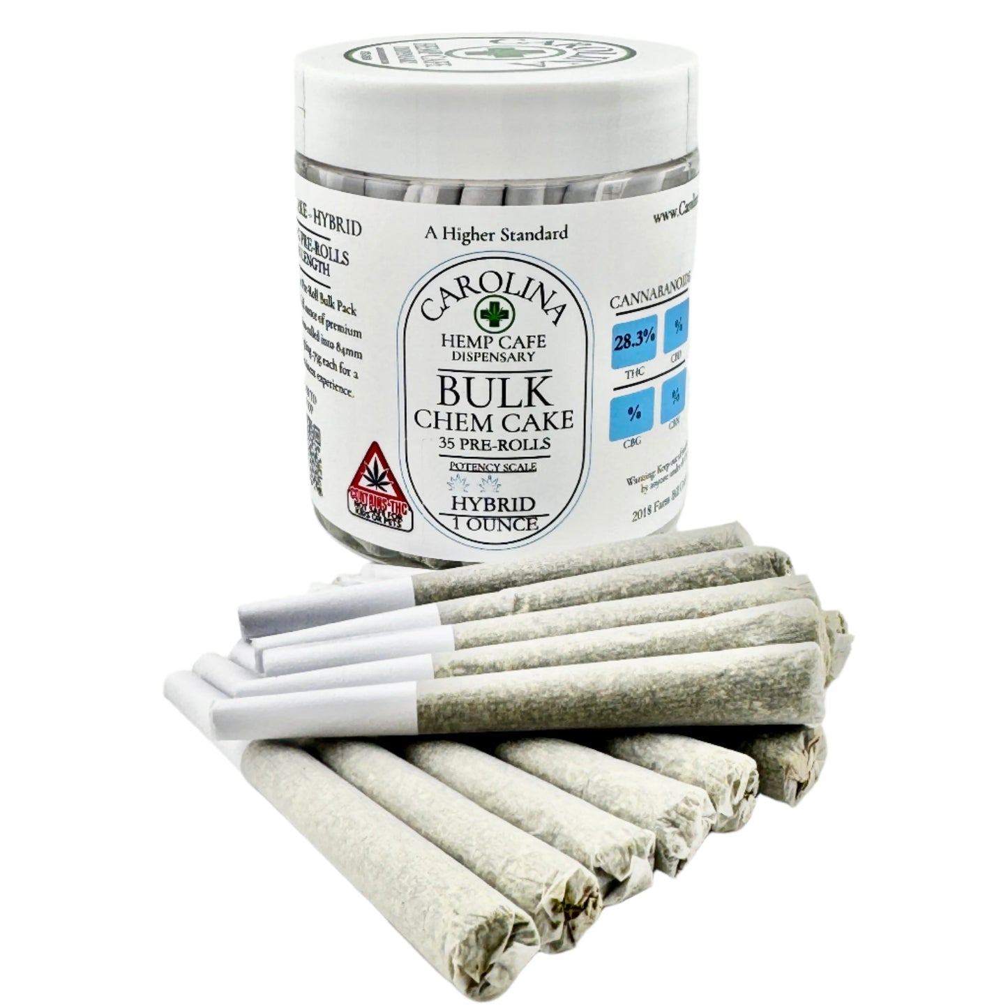 Container of bulk chem cake with pre-rolled joints on a plain background