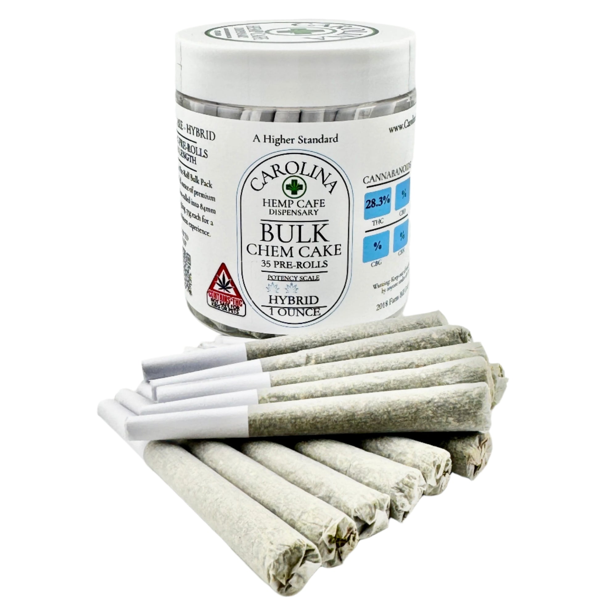 Container of bulk chem cake with pre-rolled joints on a plain background